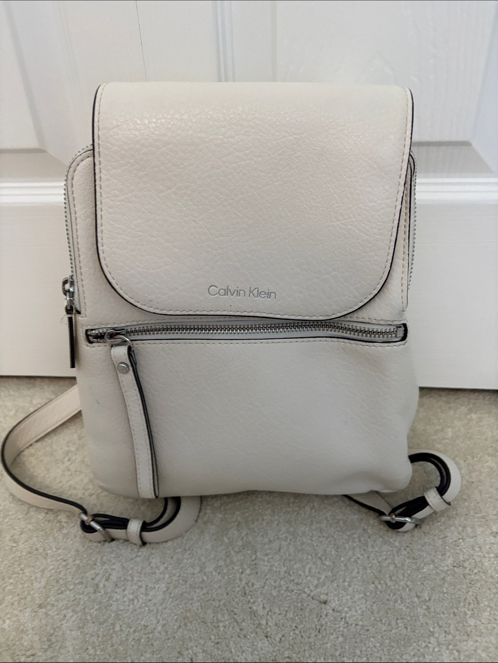 Calvin Klein Ivory Leather Mini Backpack with Silver Hardware